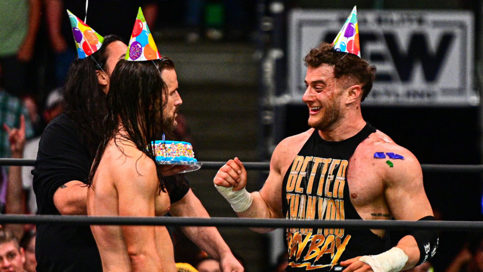 Adam Cole and MJF wearing birthday hats on AEW Dynamite