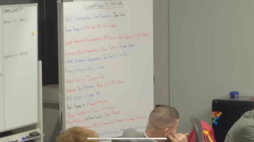 WWE writers room whiteboard listing pitched WrestleMania 41 matches